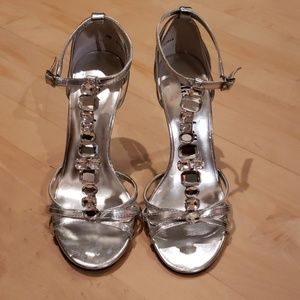 Silver jeweled t-strap heel
